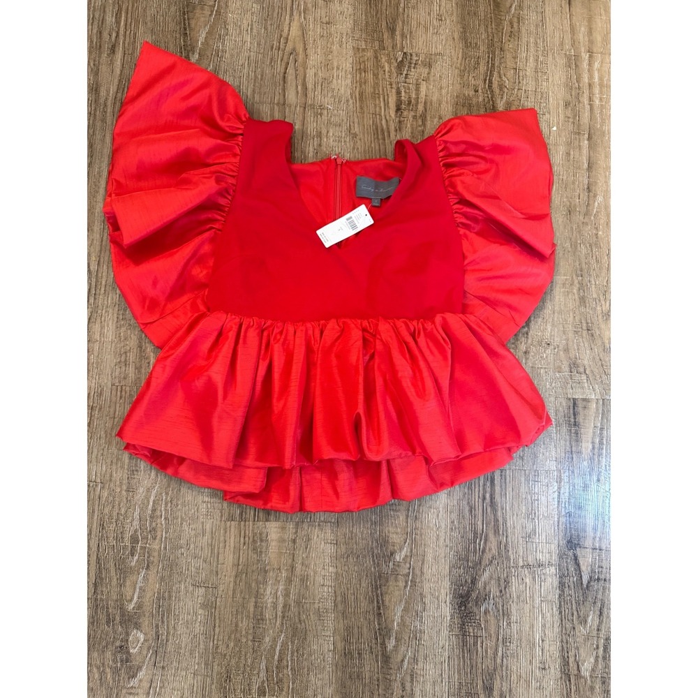 Sunday in Brooklyn Red Puff Sleeve Peplum Top‎ V-Neck NWT Size S 4112 - Picture 2 of 11